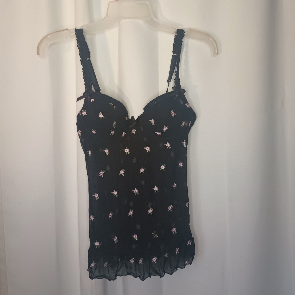 Rampage Womens Coquette Mesh Cami Top Small Embroidered Intimate Sheer Fairy